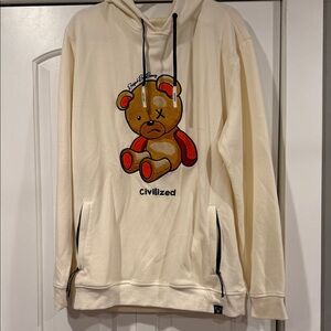 Civilized Graphic Hoodie | Teddy Bear Print Pullover Sweatshirt |‎ Cream | XXL